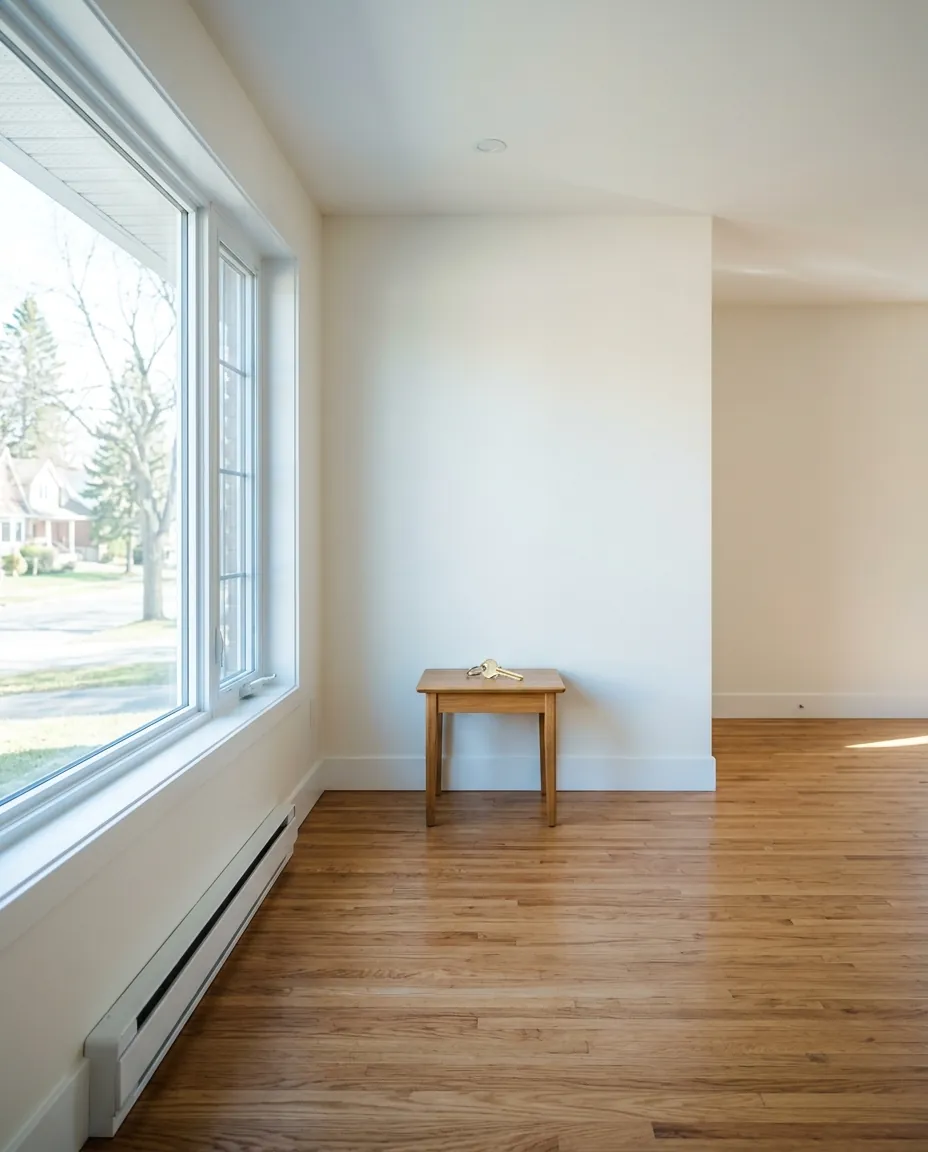 A bright, freshly painted rental living room with oak floors and a single key on a side table